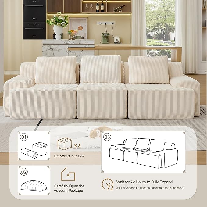 Modular Sectional Sofa, Boneless Couches for Living Room, Corduroy Couch, Big Comfy Couch, Modular Cloud Sofa with Deep Seat (White, 3 Pieces-Rowshape)