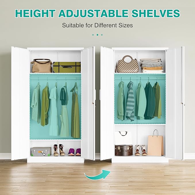 Metal Wardrobe Cabinet with Hanging Rod & Lock,White Armoire Wardrobe Closet,Metal Clothing Storage Cabinet with Adjustable Shelves and Doors,72" Armoire Storage Cabinets for Home,Living/Laundry Room