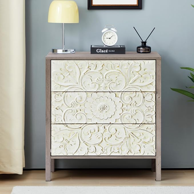 3 Drawer Dresser, Vintage French Chest of Drawers with Storage, Farmhouse Distressed Boho Nightstands Set of 2, Small Wide Dresser for Bedroom Hallway Living Room Entryway (2, Rustic Brown Gray) - Image 3