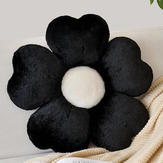 Flower Shaped Pillow, Cute Decorative Throw Pillows with Soft Rabbit Fur for Couch Bed Chair Floor, Christmas Pillow Seating Cushions with Room D??cor for Bedroom Living Room(19.6 Inches, Black)