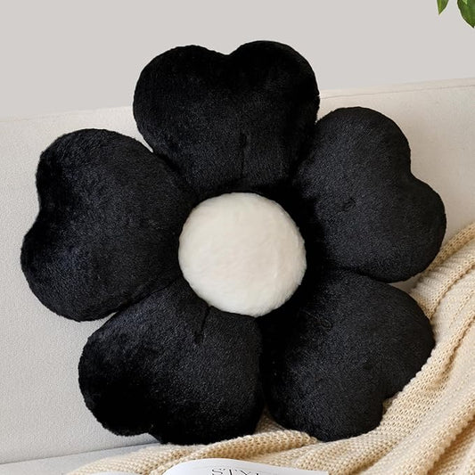 Flower Shaped Pillow, Cute Decorative Throw Pillows with Soft Rabbit Fur for Couch Bed Chair Floor, Christmas Pillow Seating Cushions with Room D??cor for Bedroom Living Room(14.9 Inches, Black)