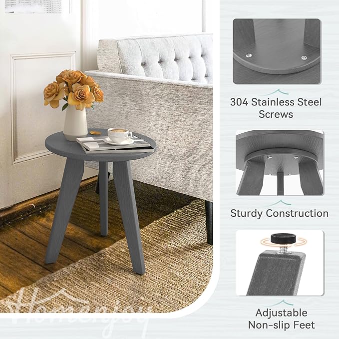 HDPS Outdoor Side Table, Small Round Side Table Weather-Resistant, Outdoor Side Tables for Patio, Porch, Deck, End Table for Plant Stand, Living Room, Bedroom, Gray - Image 5
