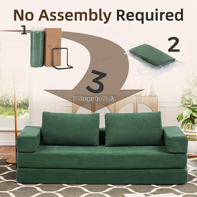 Convertible Sofa Bed, 4-in-1 DIY Combination Modular Couch with Pillows, Comfy Boneless Sleeper Sofa Bed with Fixed-Shape Frame, Corduroy Convertible Lounge Couch for Living Room, Green