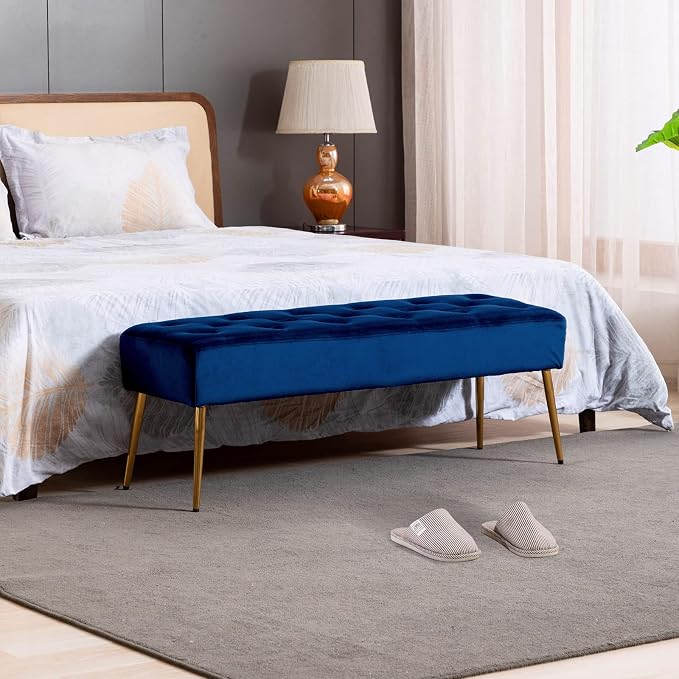 DUHOME Button-Tufted Ottoman Bench, Upholstered Bedroom Benches Velvet Footrest Stool Dining Bench Accent Bench for Entryway Dining Room Living Room Bedroom, Dark Blue - Image 2
