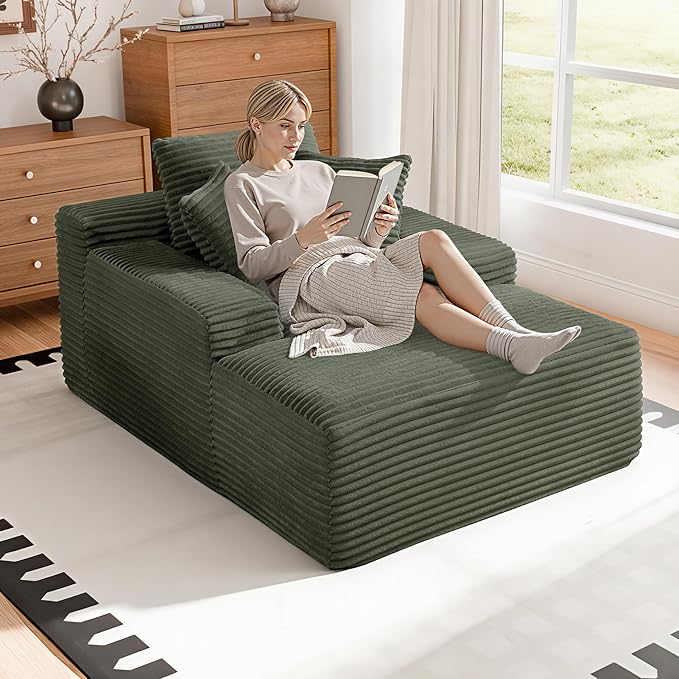 67 Inch Chaise Lounge Chair Indoor, Oversized Corduroy Upholstered Boneless Sofa Bed with Amrests and 2 Pillows Cloud Sleeper Couch Reading Chair for Living Room