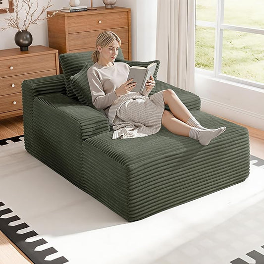 67 Inch Chaise Lounge Chair Indoor, Oversized Corduroy Upholstered Boneless Sofa Bed with Amrests and 2 Pillows Cloud Sleeper Couch Reading Chair for Living Room
