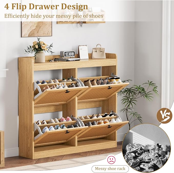 GarveeHome Shoe Cabinet Rattan with 4 Flip Drawers, Wooden Freestanding Shoe Organizer with Adjustable Shelves, Shoe Storage for Entryway, Closet, Hallway - Image 6