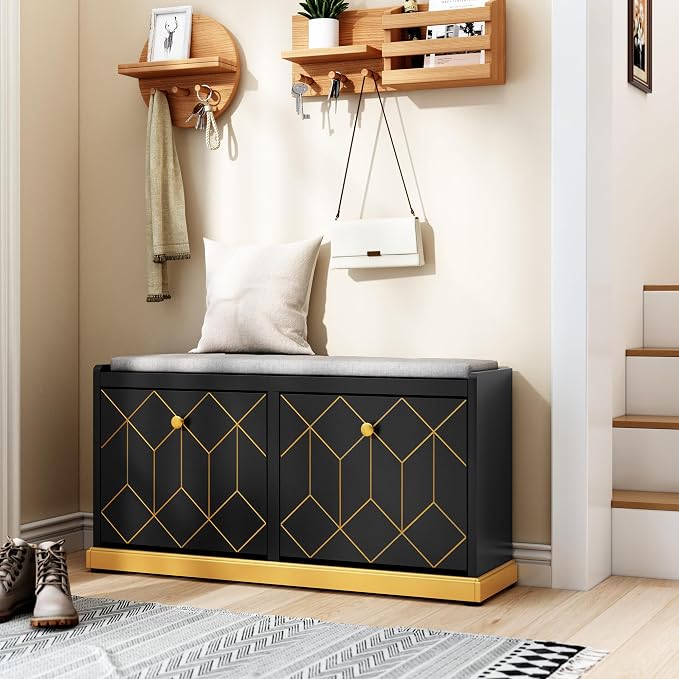 HLR Modern Shoe Bench with Storage, Entryway Bench with 2 Flip Drawer & Padded Cushion Seat, Shoes Storage Bench for Hallway, Closet, Living Room, Black Shoe Storage Cabinet with Bench - Image 3