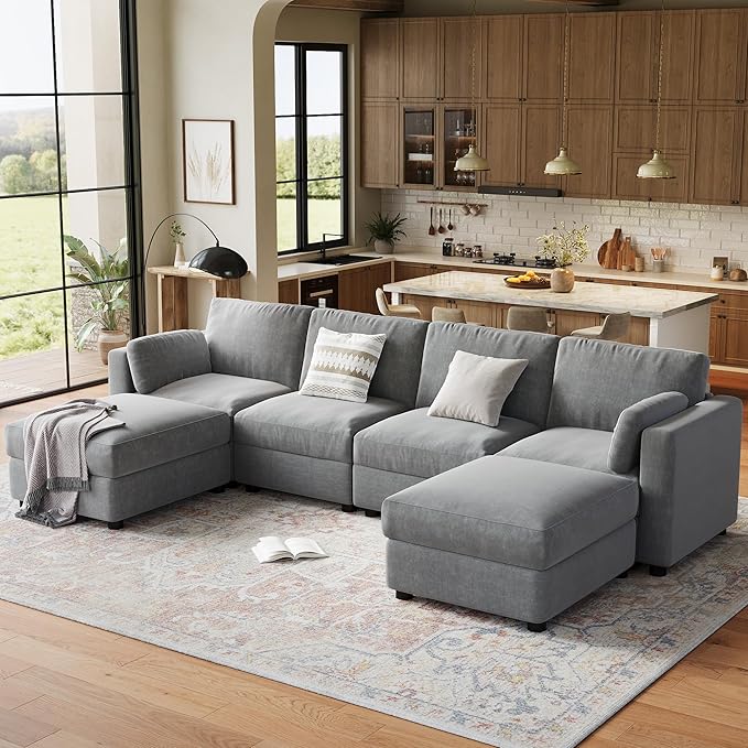 IDEALHOUSE 135.5" Modular Sectional Sofa, 6 Seater Sectional Couch, U-Shape Modern Sofa with Ottoman, Deep Seat, Oversized Convertible Modular Couch for Living Room Apartment Office, Chenille, Grey