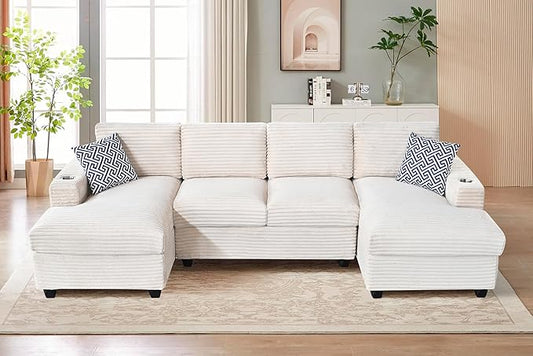 124-Inch Symmetrical Sectional Couch Corduroy Cloud Cushion Upholstered Sofas, U- Shaped Modular Sectional Sofa with Cup Holders and 2 Chaise Lounges for Living Room