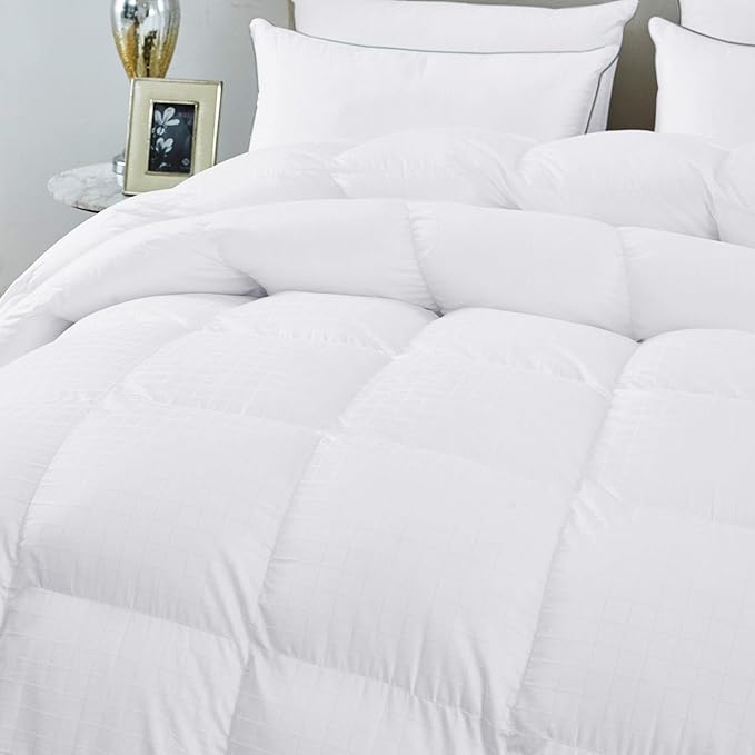 Luxurious All-Season King/California King Goose Down Comforter Duvet Insert, Exquisite Dobby Checkered Design, 300 Thread Count 100% Egyptian Cotton, 65 oz Fill Weight, Baffle Box, White
