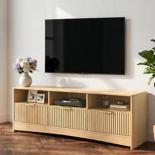 AMADA HOMEFURNISHING Fluted TV Stand for TVs Up to 65″, Mid-Century Modern Entertainment Center with Storage Drawers and Open Shelf, TV Console for Living Room or Bedroom, Natural Oak by AMADAHOMEFURNISHING