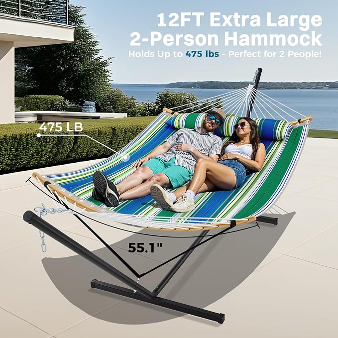 SUPERJARE Curved-Bar Hammock with Stand, 2 Person Heavy Duty Hammock Frame, Detachable Pillow & Portable Carrying Bag, Perfect for Outdoor & Indoor, Green Bold Stripe - Image 2