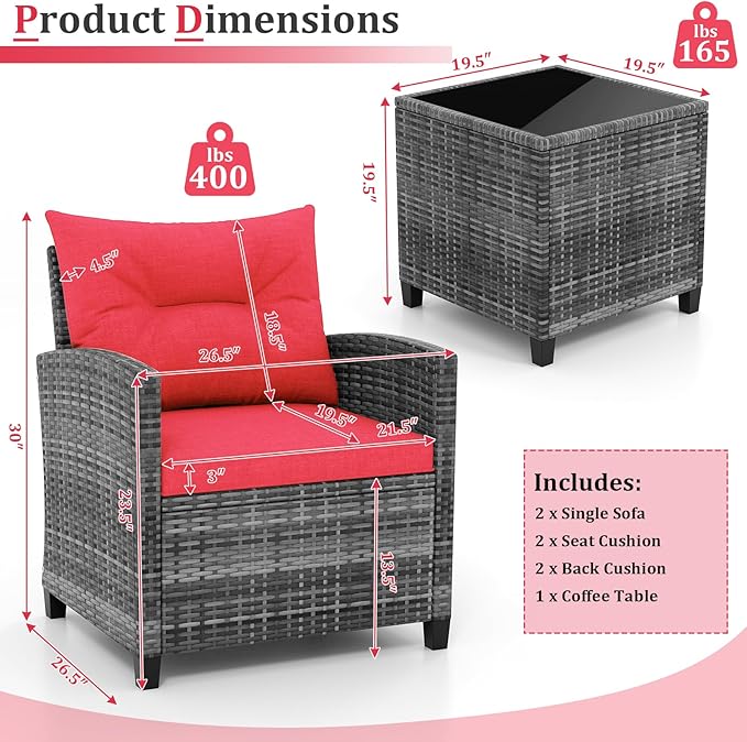 KOTEK 3 Piece Patio Furniture Set, Outdoor PE Rattan Conversation Set with Washable Cushions & Tempered Glass Tabletop, Wicker Chairs and Table Set for Porch, Garden, Balcony (Red)
