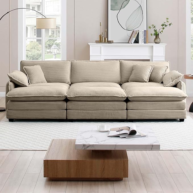 KEIKI 115" Oversized Corduroy Modular Sectional Sofa with 3 Ottoman, High-Density Foam Cushions, Removable Armrests, Upholstered 3-Seater Fluffy Corner Couch with 5 Pillow, for Living Room, Tan