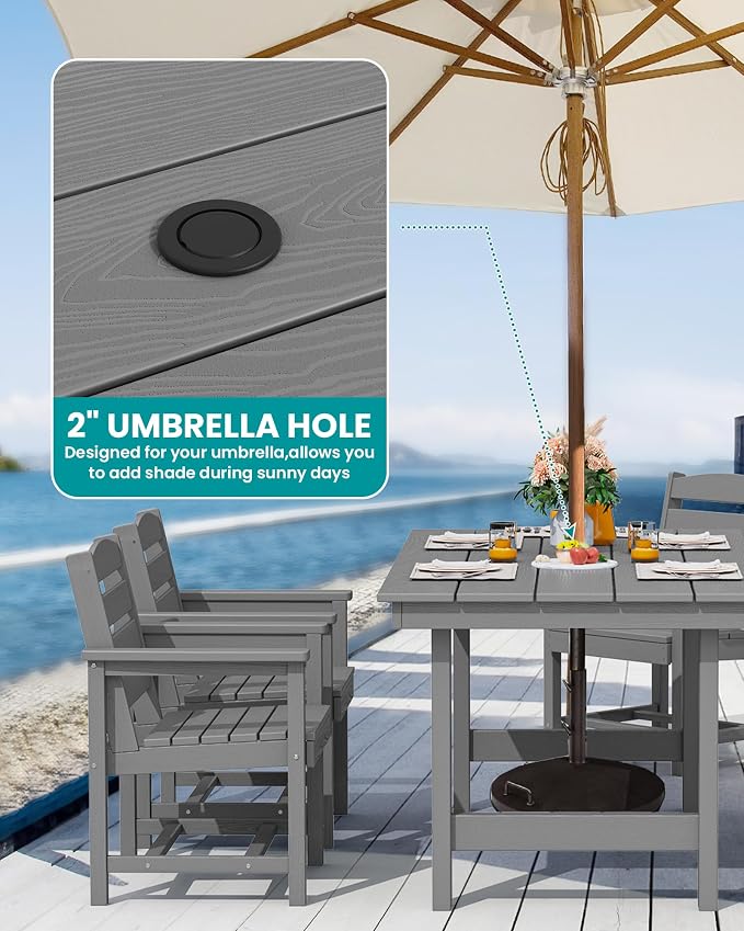 SERWALL Modern Patio Dining Set, 5-Piece Rectangular HDPE Dining Table with Umbrella Hole & 4 Chairs, Grey - Image 2