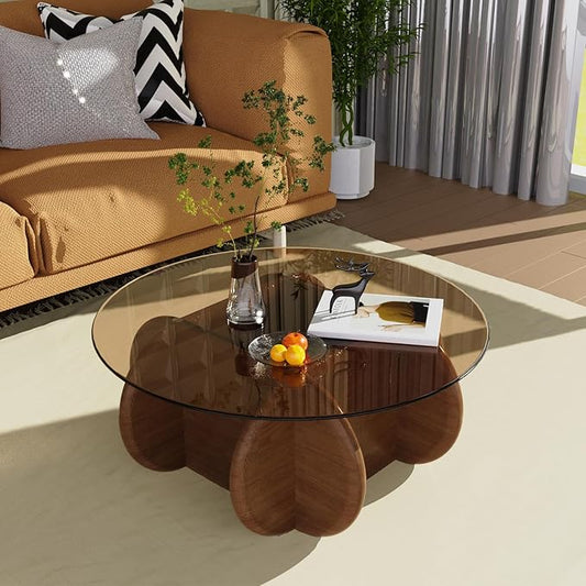 Brown Round Coffee Table Glass Top 31.5" Modern Elegant Round Coffee Tables with Solid Wood Legs and Tempered Glass Tabletop for Living Room Home Small Space Reception Office Tables
