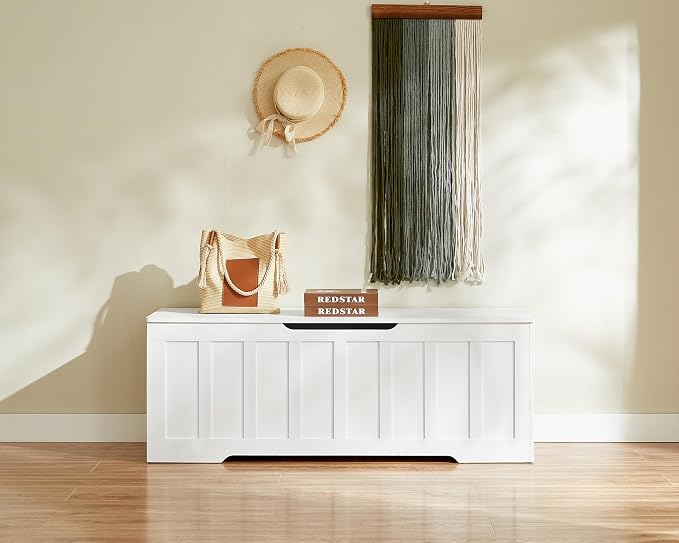 VANKILEY 51.2" Storage Chest Extra Large,Storage Bench with 2 Safety Hinges,Shoe Bench,51.2 * 15.7 * 19.1 inches,Wooden Trunk for Bedroom,livingroom,entryway,Supports 220 lb,Easy Assembly(White). - Image 2