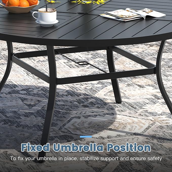 DIFY 9 Pieces Outdoor Patio Dining Set for 8, 53.1" Black Round Metal Dining Table and 8 Blue Stackable Textilene Patio Chairs, Outdoor Table and Chairs for Backyard Garden Poolside - Image 4