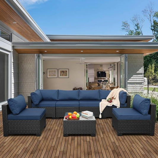 Valita 7 Pieces Outdoor Wicker Furniture Conversation Set Patio Sectional Sofa Set Glass Table with Non-Slip Cushions Furniture Cover, Navy Blue