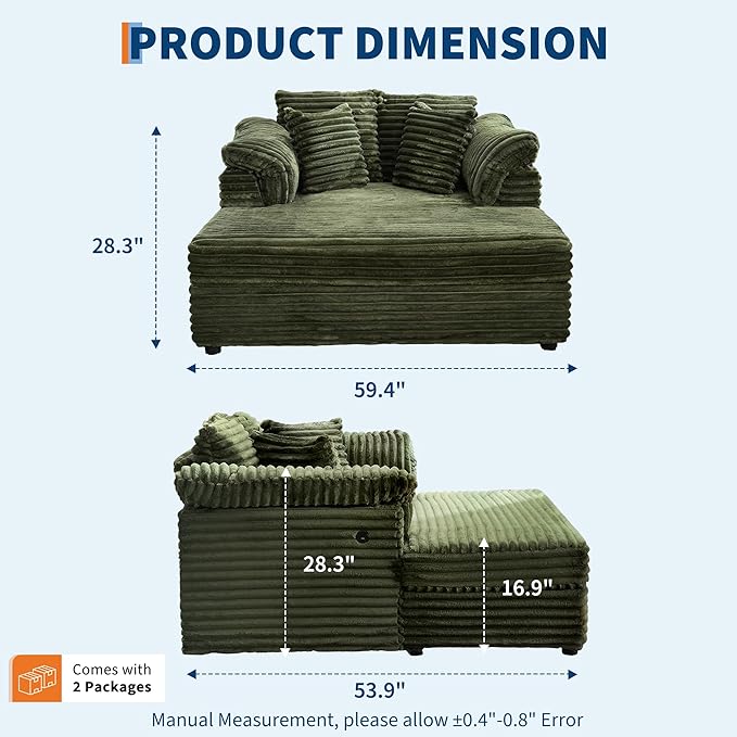Oversized Chaise Lounge Chair 59 * 54 Inch Indoor Comfy Corduroy Cloud Sleeper Couch Upholstered Sofa Bed with USB Port Throw Pillows Supportive Armrests for Living Room
