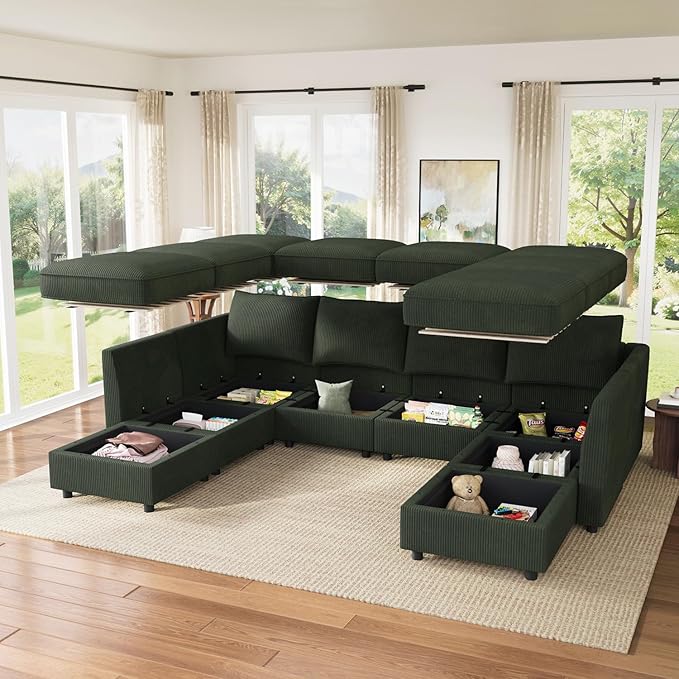 HONBAY Modular Sectional Sofa Couch with Storage, Modern U Shaped Sectional Sofa, Convertible Couches for Living Room - Green