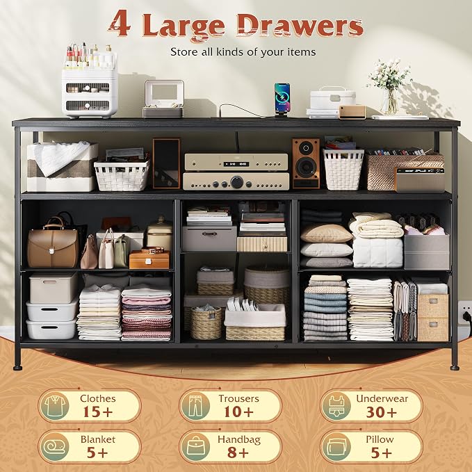 TV Stand for Bedroom with LED Lights & Power Outlets, 5 Drawers Dresser Entertainment Center for 45/50" TV, Fabric Dressers with Storage Wood Shelves for Living Room,Dorm, Sturdy Metal Frame, Black - Image 8