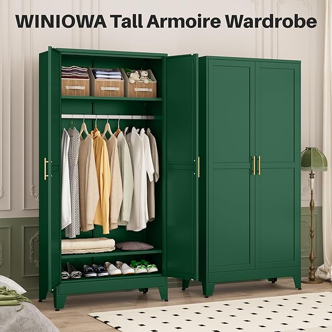 winiowa Metal Armoire Wardrobe Closet with 2 Doors, 71" Wardrobe Cabinet with Adjustable Shelves and Hanging Rod, Clothing Storage Cabinet Closet for Bedroom-Green