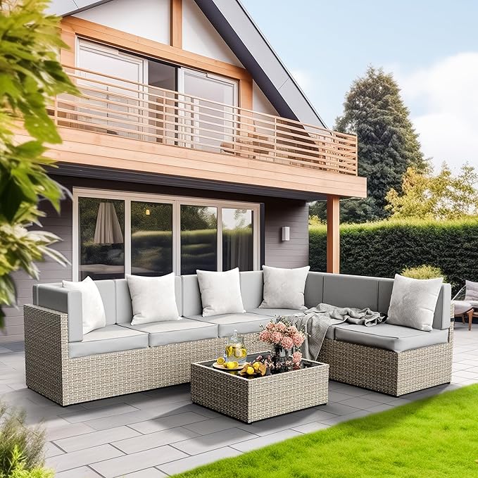 Pamapic Patio Furniture Set, 7 Pieces Modular Outdoor Sectional,Wicker Patio Sectional Sofa Conversation Set, Rattan Sofa with Coffee Table and Washable Cushions Covers, Grey Rattan(Grey Cushions)
