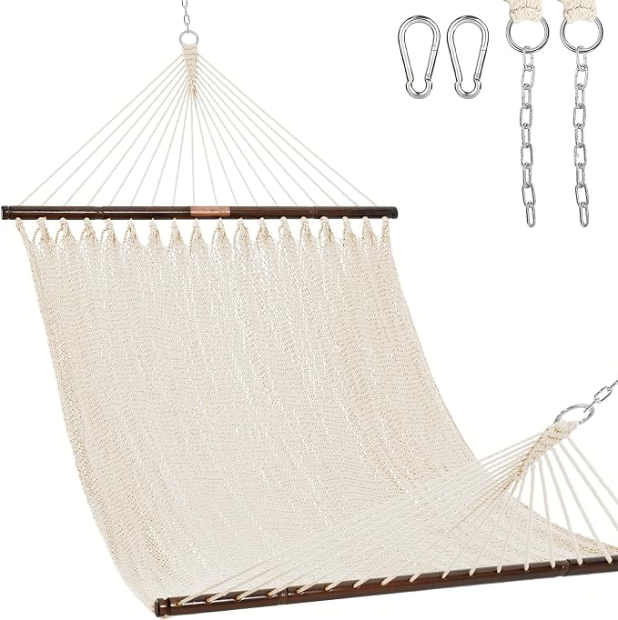 Lazy Daze Hammocks 10.5 FT Double 2 Person Caribbean Rope Hammock, Hand Woven Polyester Hammock with Spreader Bars, for Outside Outdoor Backyard Patio Poolside, 450 LBS Capacity, Cream by LazyDazeHammocks