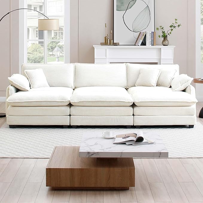 KEIKI 115" Oversized Corduroy Modular Sectional Sofa with 3 Ottoman, High-Density Foam Cushions, Removable Armrests, Upholstered 3-Seater Fluffy Corner Couch with 5 Pillow, for Living Room, Beige