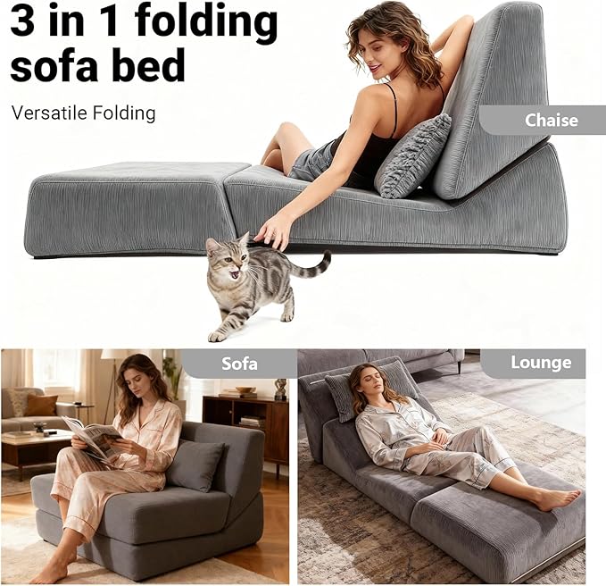 Chair Bed Sleeper for Adults, Convertible Sleeper Chair Bed with Pillow, 3 in 1 Folding Sofa Bed Chair Lounge with Back Support & Removable Washable Cover for Living Room, Office (Grey) | Folding Bed Chair, with Pillow