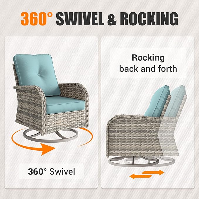 15-Piece Outdoor Patio Furniture Set with Rocking Swivel Chair, Wicker Rattan Sectional Sofa Conversation Set with Tempered Glass Table with Ottomans, Backyard Furniture, Light Blue