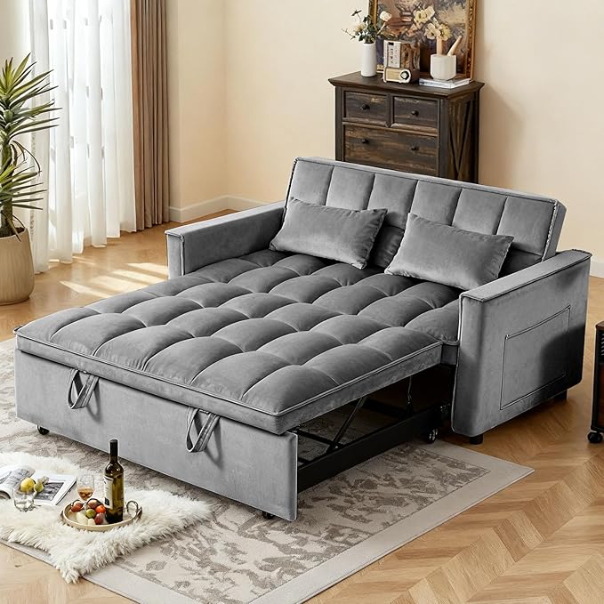 3 in 1 Sofa Bed, Love Seat Sleeper Bed with Side Pockets, Velvet Fabric Pull Out Couch with Adjustable Backrest for Living Room, Bedroom, Gray Apartment, Gray