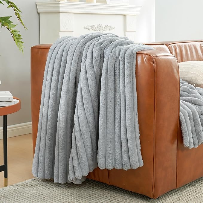 Amélie Home Faux Fur Throw Blanket for Couch, Cozy Fuzzy Fluffy Fur Luxurious Soft Striped Plush Gift Blankets for Family Sofa Chair, 60"x80", Light Grey