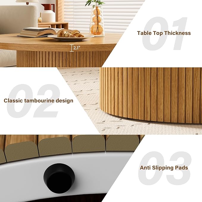 Round Coffee Table, 35.4" Circle Wide Coffee Table, Wood Table and Center Table for Living Room, Natural