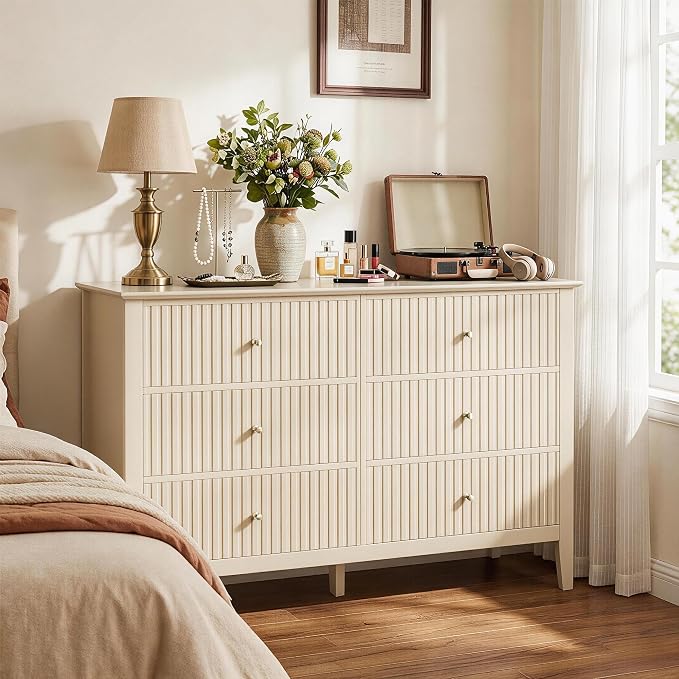 RoyalCraft Beige 6 Drawer Dresser, Fluted Modern Wood Chest of Drawers, Long Dresser for Bedroom TV Stand Storage Cabinet for Living Room - Image 3