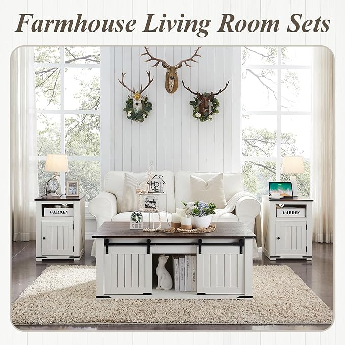 48" Lift Top Coffee Table, Farmhouse Cocktai with Sliding Groove Barn Door, Rustic Wood Center Table w/Double Storage Spaces for Living Room, White