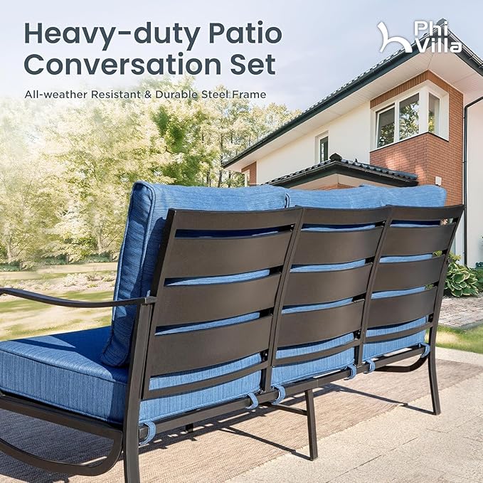 PHI VILLA 6 Pieces Patio Furniture Set with Firepit Table, 3-Seat Metal Outdoor Sofa, 2 x Swivel Sofa Chairs & 2 Ottomans, 5.75" Thick Cushioned Patio Conversation Set Backyard Furniture, Peacock Blue