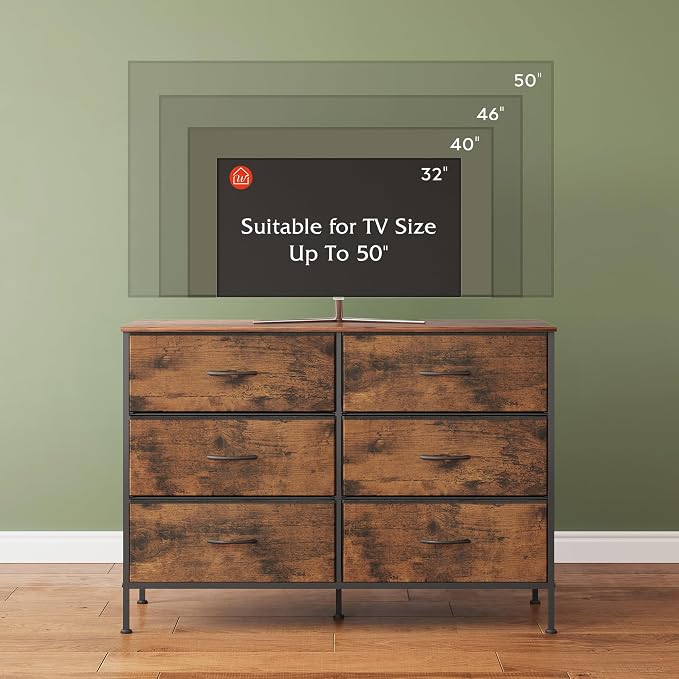 WLIVE Dresser for Bedroom with 6 Drawers, Wide Dresser TV Stand for 50 Inches TV, with Fabric Drawers, Metal Frame, Wooden Top, Storage Dressers for Bedroom, Hallway, Entryway, Rustic Brown - Image 6