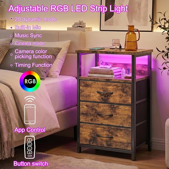 Fixwal Night Stand with Charging Station, LED Nightstand with Fabric Drawers, End Table with PU Finish, Bed Side Table, Rustic Brown - Image 4