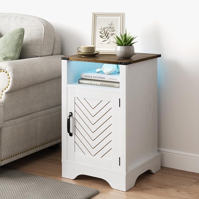 RoyalCraft 25" Tall LED Nightstand Set of 2, Farmhouse Nightstand with Charging Station, Large End Table with Storage, Wooden Rustic Bedside Table for Bedroom, Home Office, White and Rustic Oak - Image 7