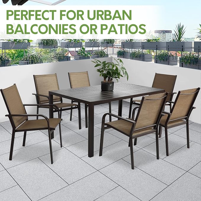 7 Piece Patio Dining Set for 6, 6 Stackable Textilene Chairs and 1 Dining Table Outdoor Furniture Set, Brown - Image 6