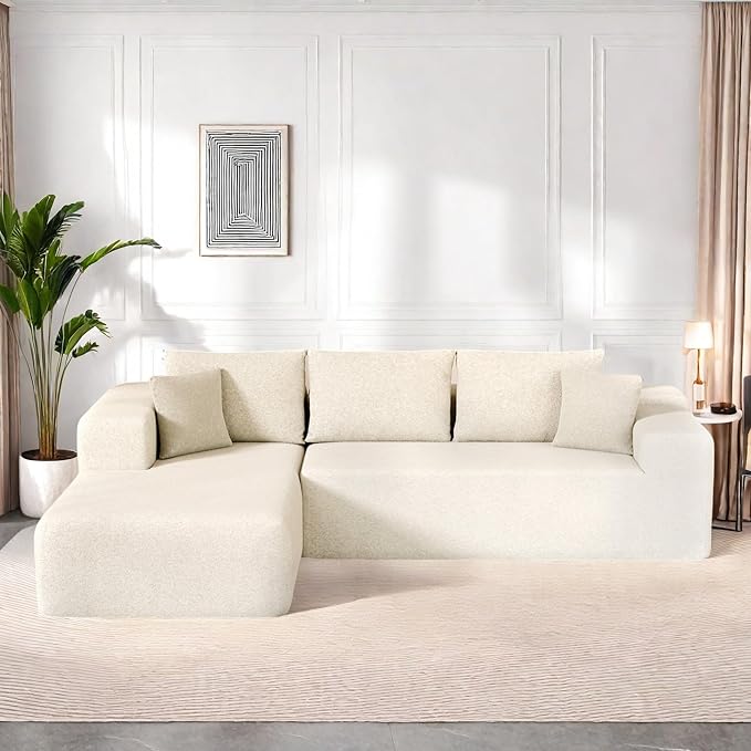L-Shape Cloud Sectional Sofa, 104” Modern Modular Boneless Couch with Right Chaise Lounge, Compressed Floor Sofa with 5 Pillows & Deep Seat, Rain Drop Velvet Couch for Living Room, Beige