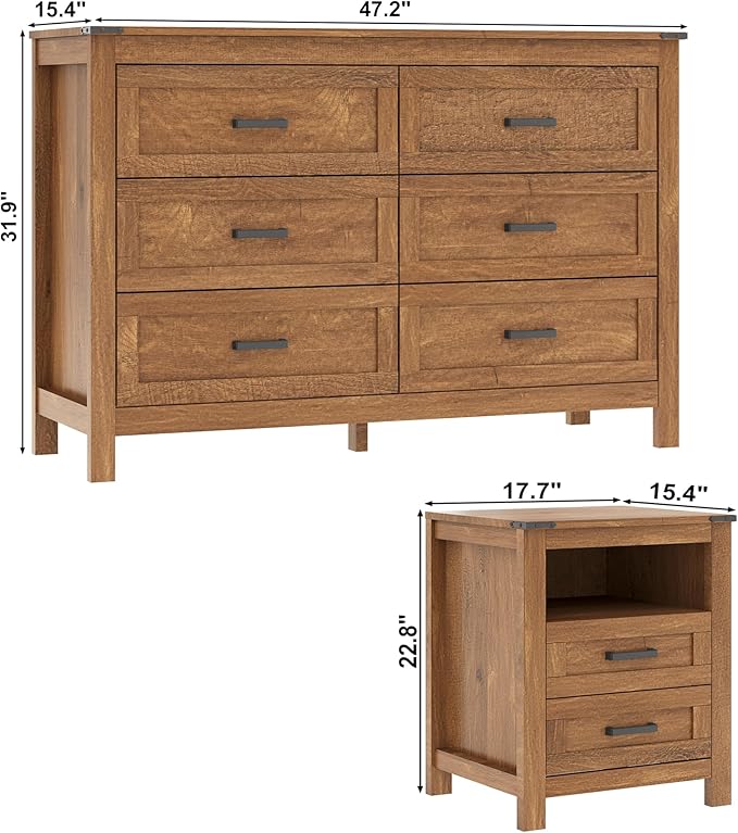 EazeHome 3 Piece Bedroom Set - Includes 6 Drawer Dresser for Bedroom, Set of 2 Nightstands with Open Storage Shelf and Drawers, Retro Dresser and Nightstand Sets, Rustic Brown