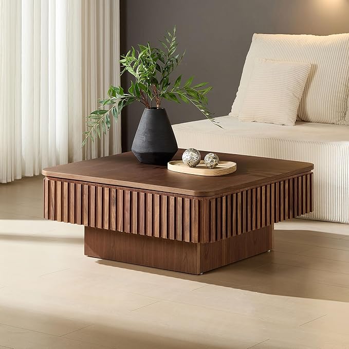 WILLIAMSPACE 35.43" Lift Top Coffee Table with Hidden Storage & Sturdy Base, Modern Luxury Square Wood Handcraft Drum Center Table Accent End Tea Table for Living Room, Minimalist Fluted Design-Walnut