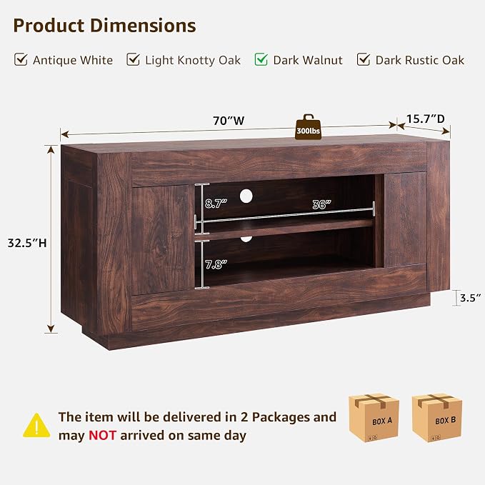 OKD Modern 70" TV Stand, Entertainment Center for TVs Up to 80", Media Console with Large Open Storage & Side Cabinets, Thick Wood Design for Living Room, Dark Walnut - Image 2