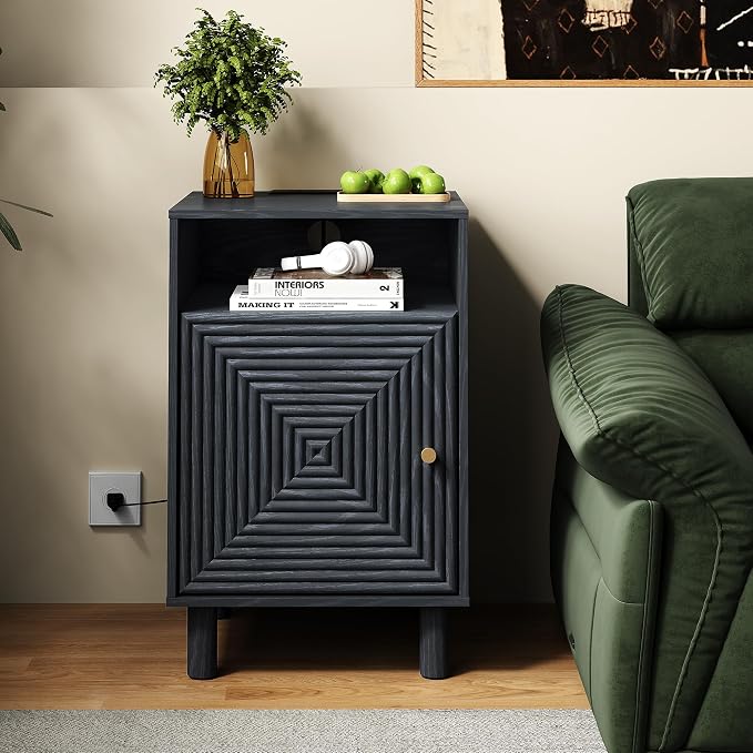 RoyalCraft Nightstand Set of 2, Modern Side Table with Charging Station, Accent End Table with Solid Wood Legs, Bedside Table for Bedroom, Entryway, Black - Image 3