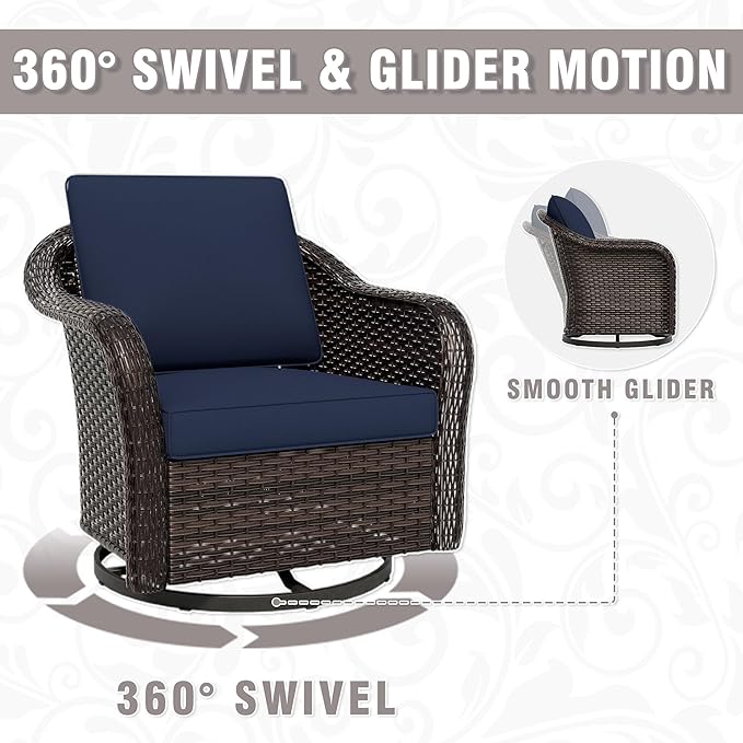 Outdoor Wicker Swivel Chair Set of 2, All-Weather Use Patio Rattan Chair with Seat and Back Cushion, Ideal for Porch, Backyard, Balcony, Poolside, Blue