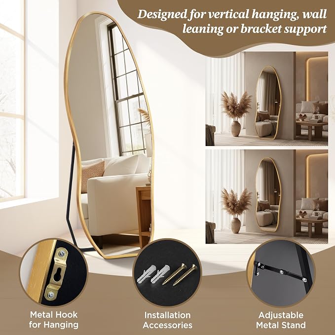 Dorlicecass Mirror Full Length - Irregular Full Body Mirror Standing or Leaning or Wall Hanging 63"x 24" Asymmetrical Aviation Aluminum Alloy Frame Unique for Bedroom, Living Room, Cloakroom, Entryway - Image 6